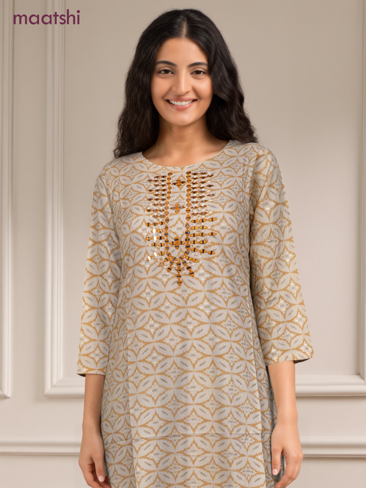 Cotton readymade kurti off white and mustard yellow with allover geometric prints & simple work neck pattern without pant