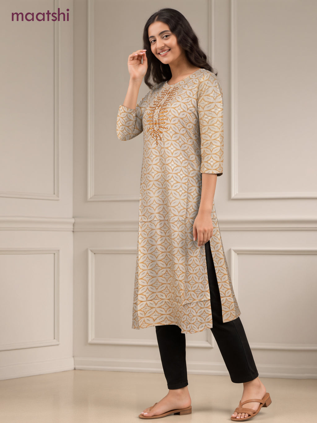Cotton readymade kurti off white and mustard yellow with allover geometric prints & simple work neck pattern without pant
