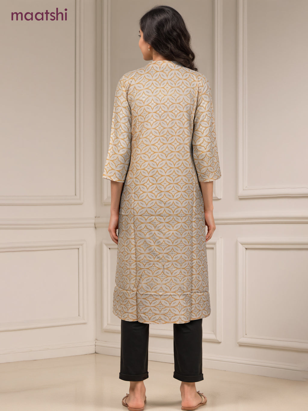 Cotton readymade kurti off white and mustard yellow with allover geometric prints & simple work neck pattern without pant