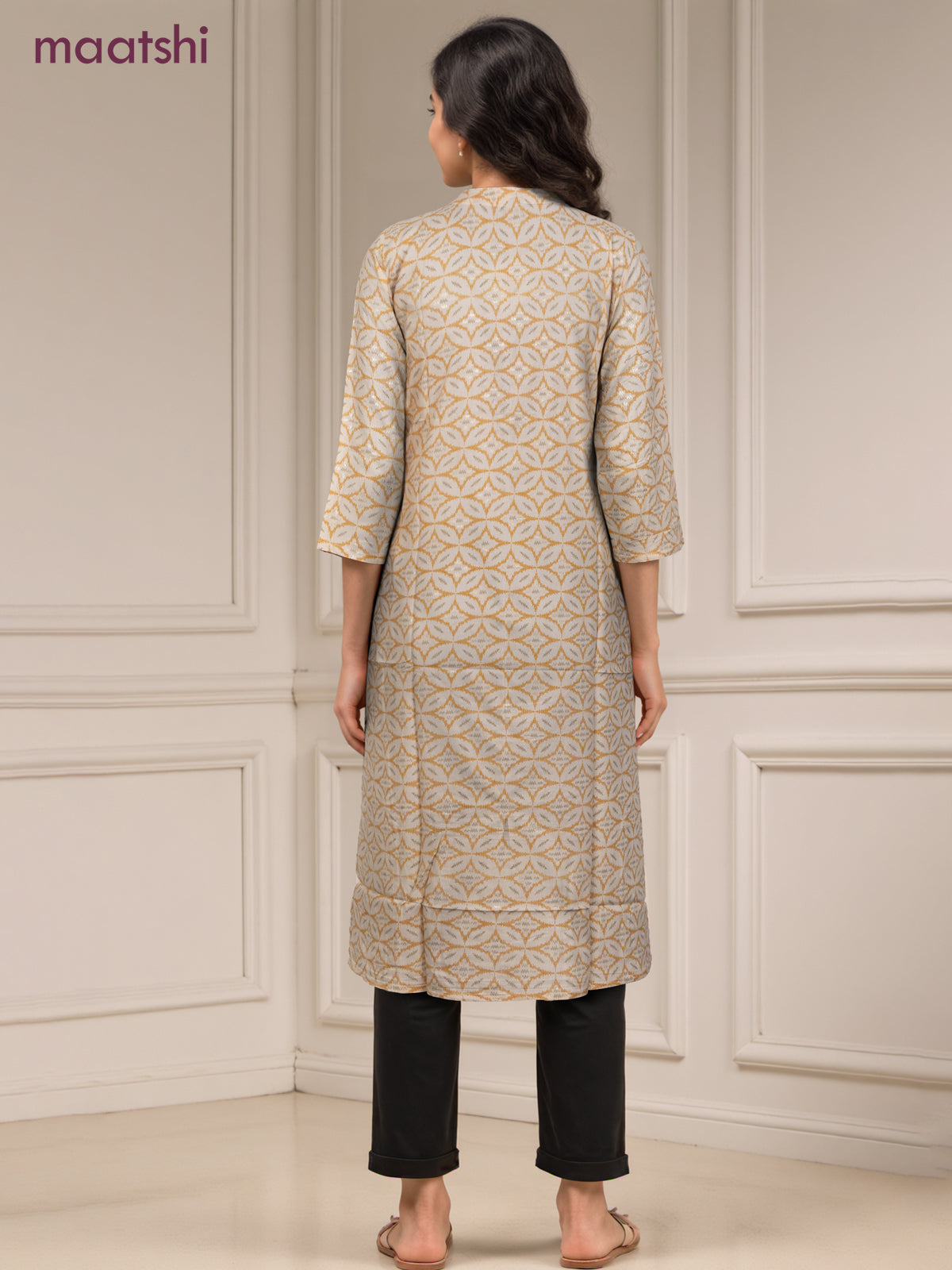 Cotton readymade kurti off white and mustard yellow with allover geometric prints & simple work neck pattern without pant
