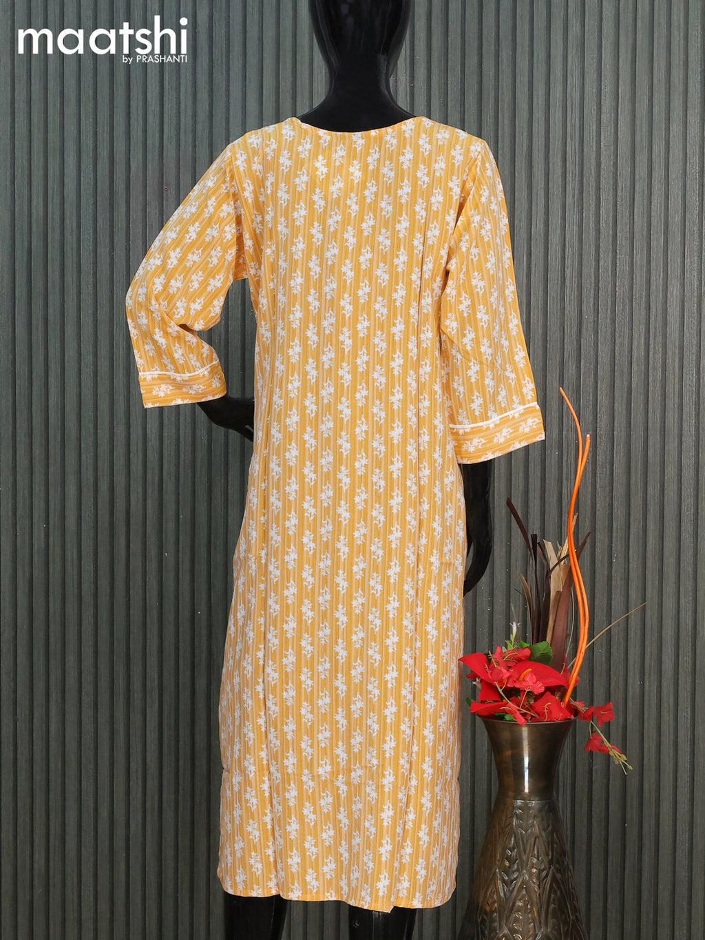 Cotton readymade kurti mustard yellow with allover butta prints & embroidery mirror work neck pattern without pant