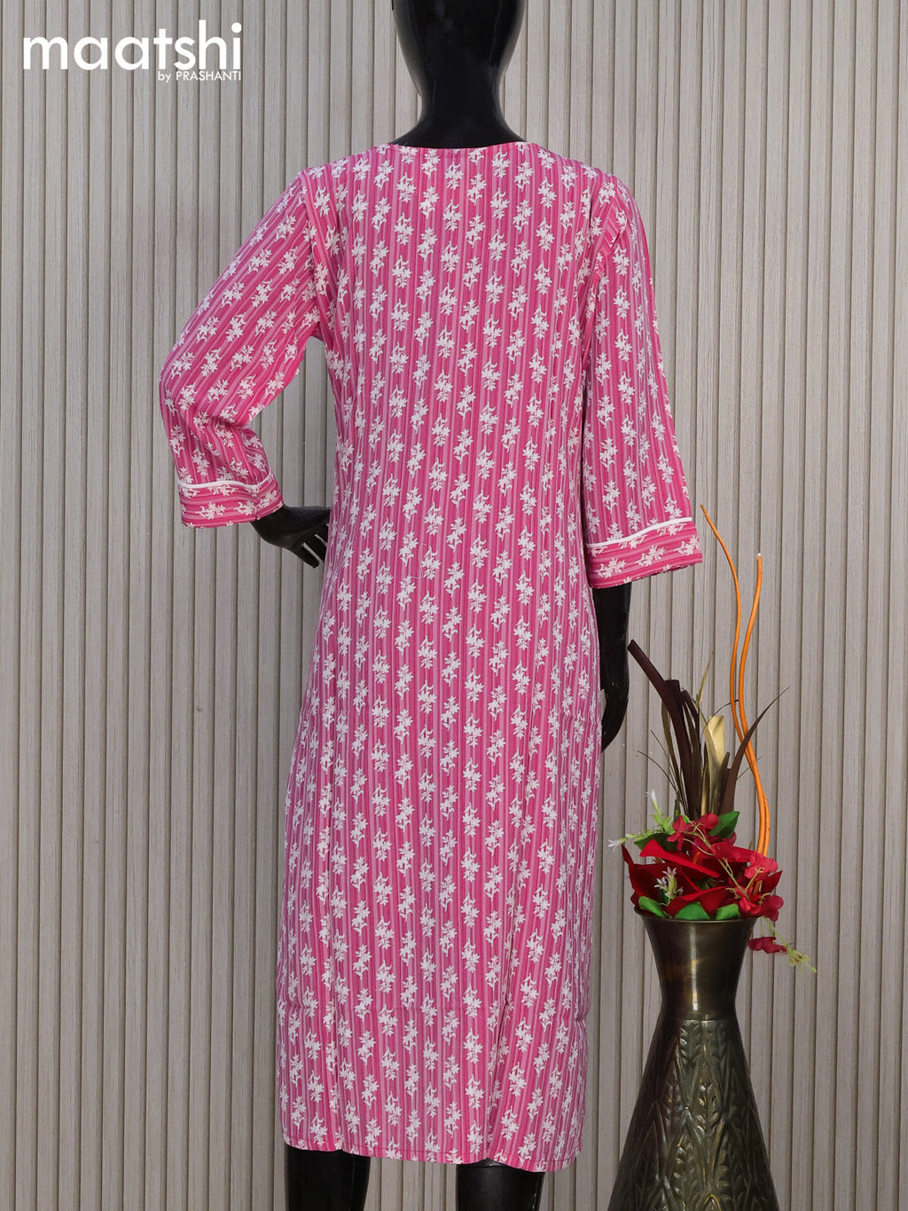 Cotton readymade kurti pink with allover butta prints & embroidery mirror work neck pattern without pant