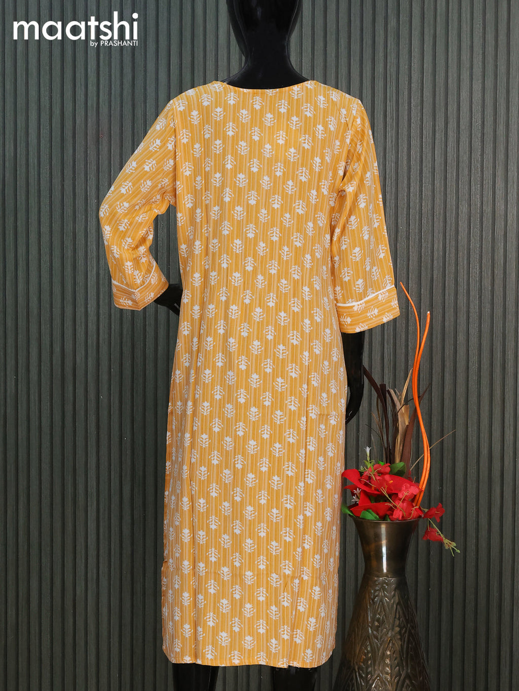 Cotton readymade kurti mustard yellow with allover butta prints & embroidery work neck pattern without pant
