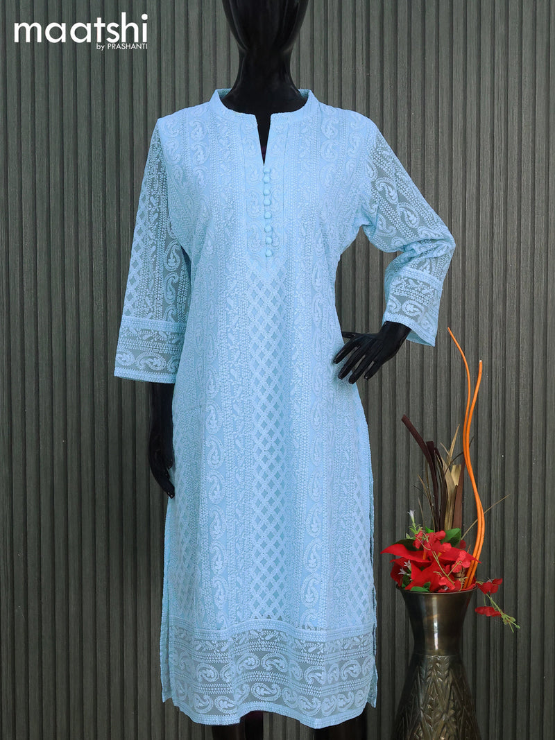 Semi georgette readymade kurti light blue with allover chikankari work & simple neck pattern without pant