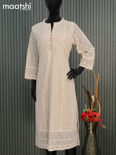 Semi georgette readymade kurti beige with allover chikankari work & simple neck pattern without pant