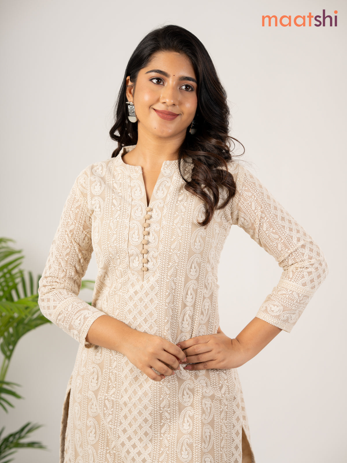 Semi georgette kurti beige with allover chikankari work & simple neck pattern without pant