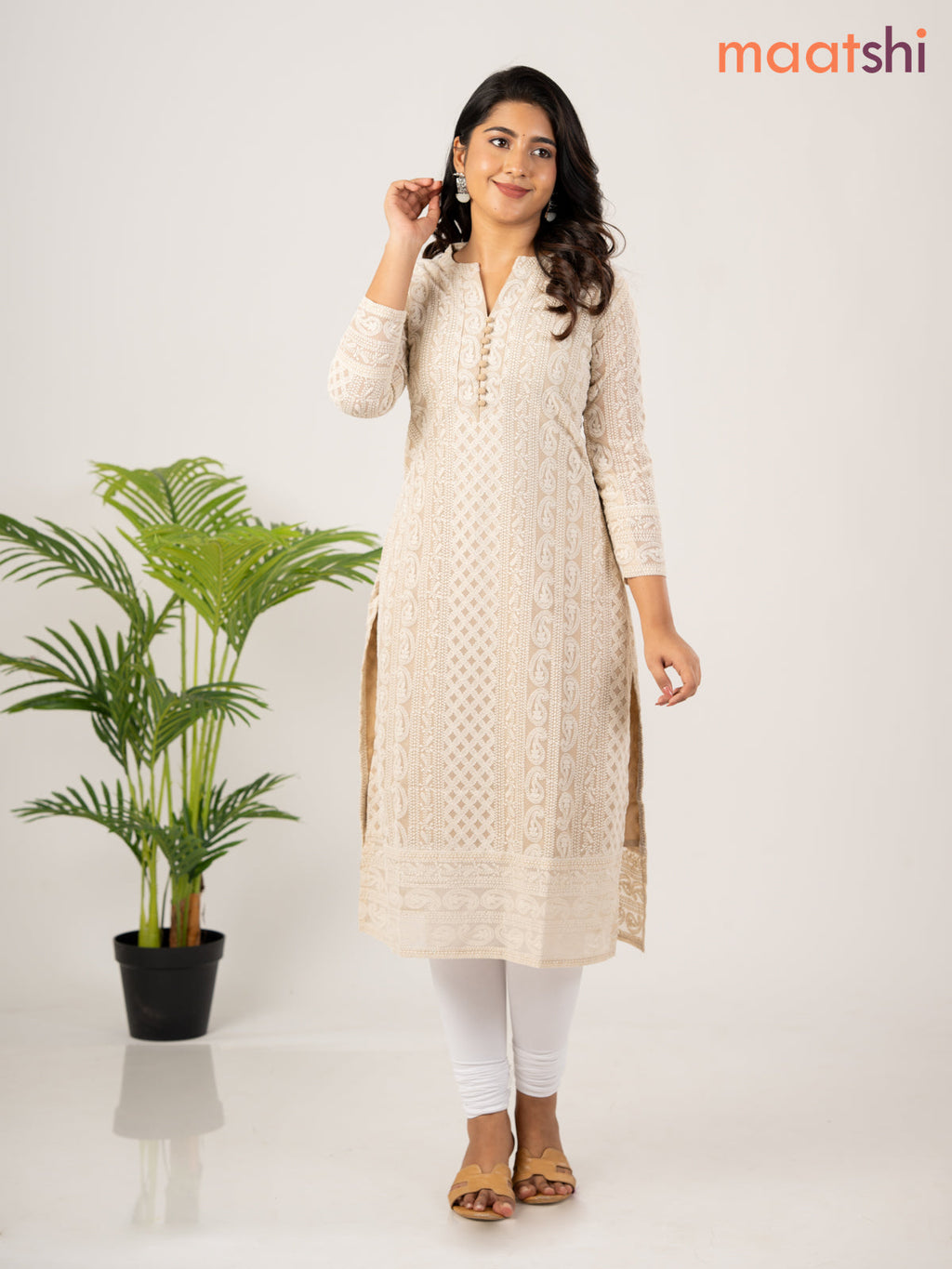 Semi georgette kurti beige with allover chikankari work & simple neck pattern without pant
