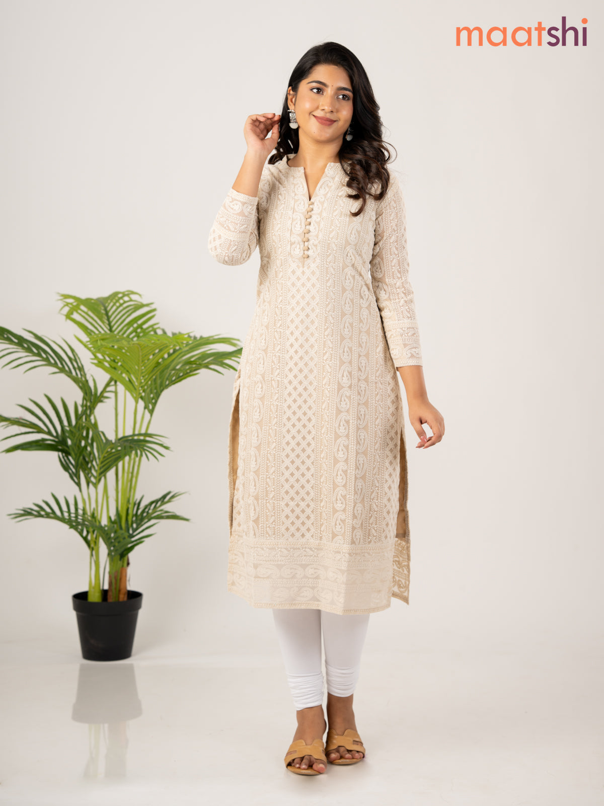 Semi georgette kurti beige with allover chikankari work & simple neck pattern without pant