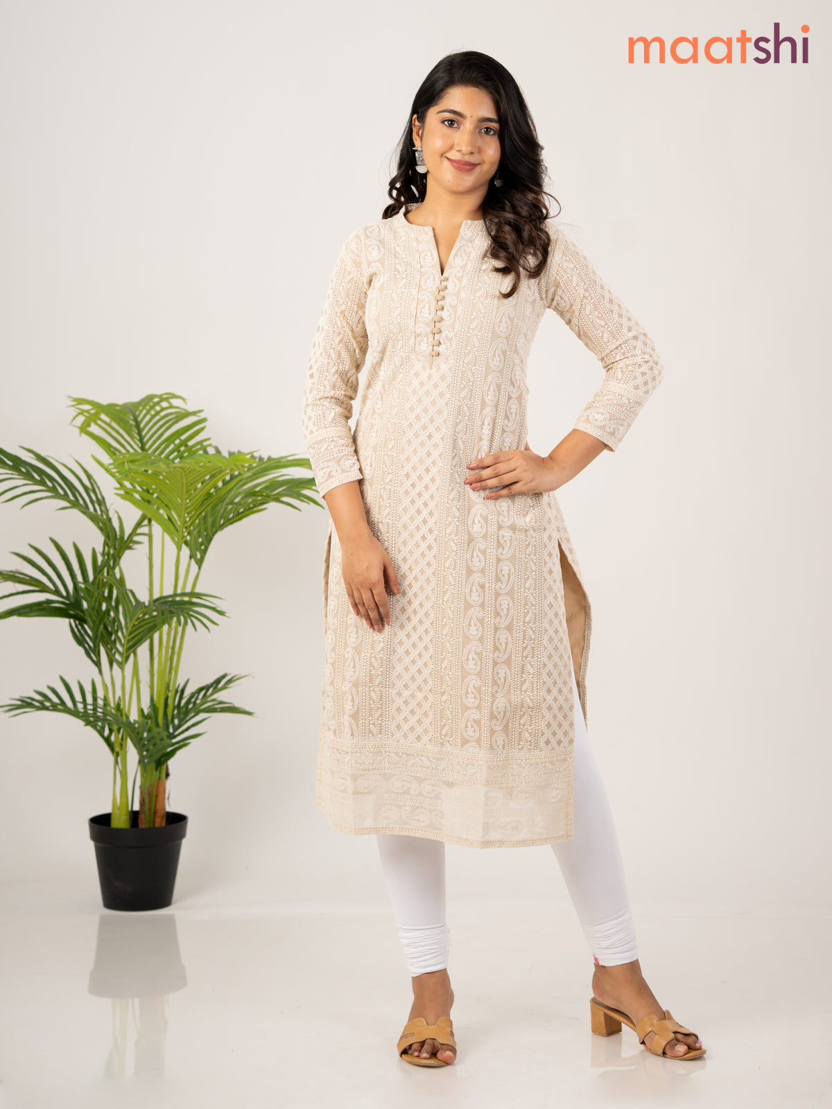 Semi georgette kurti beige with allover chikankari work & simple neck pattern without pant