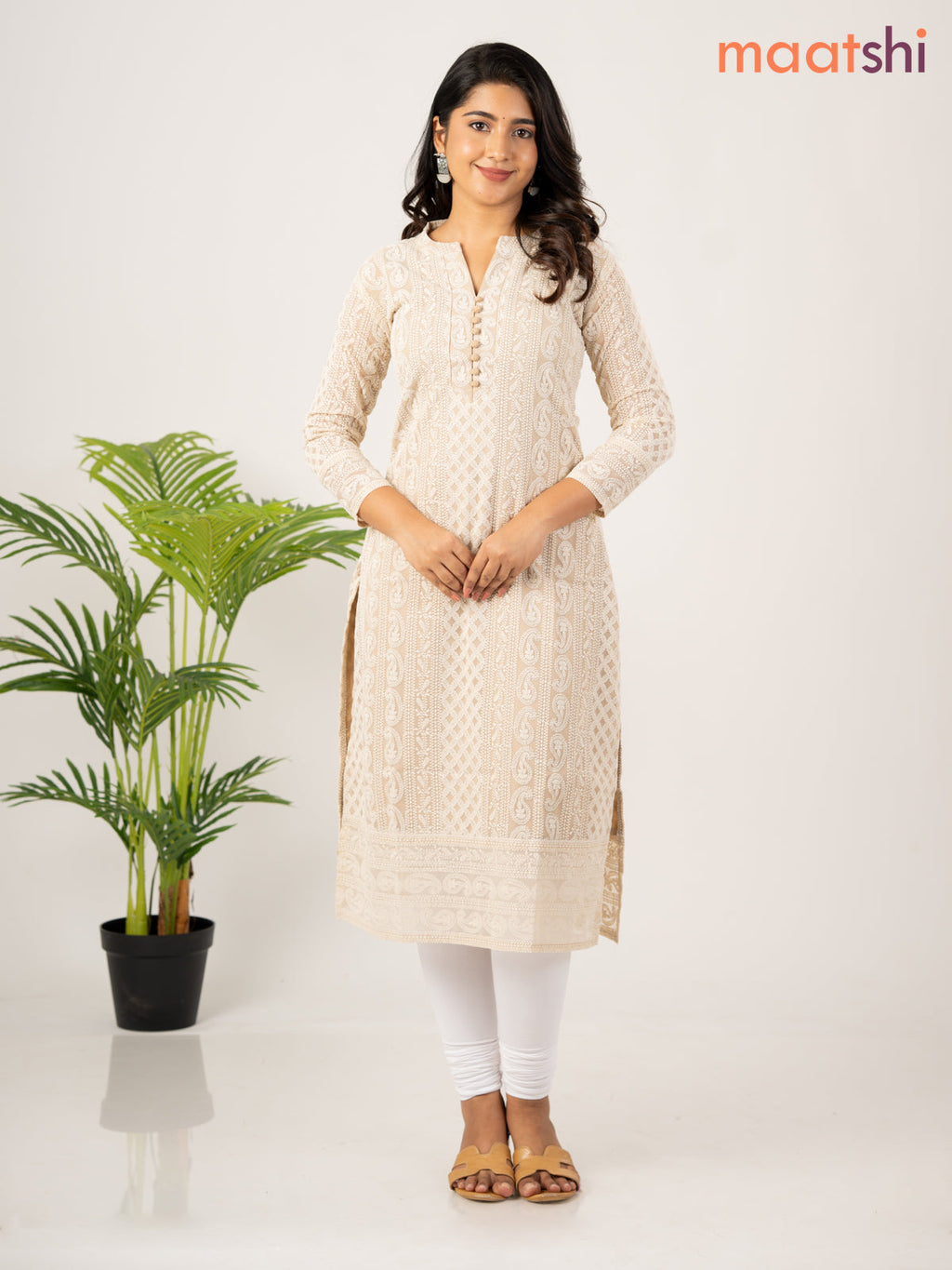 Semi georgette kurti beige with allover chikankari work & simple neck pattern without pant