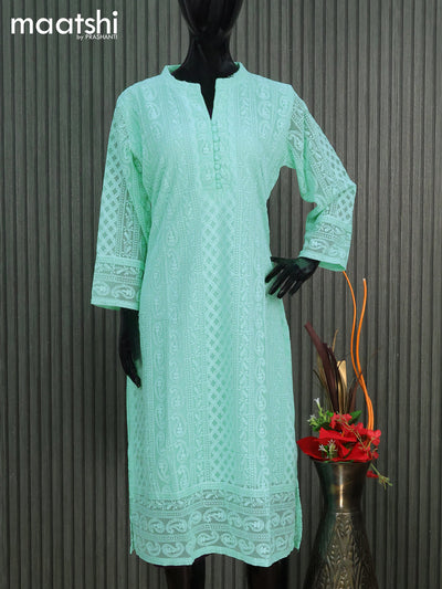 Semi georgette readymade kurti teal green shade with allover chikankari work & simple neck pattern without pant