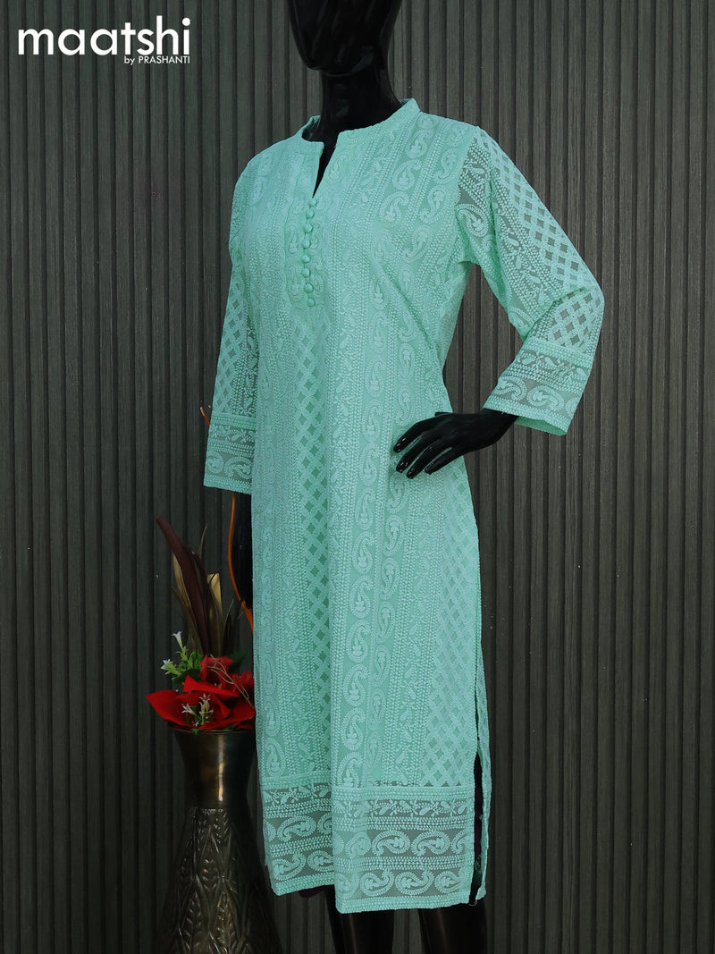 Semi georgette readymade kurti teal green shade with allover chikankari work & simple neck pattern without pant