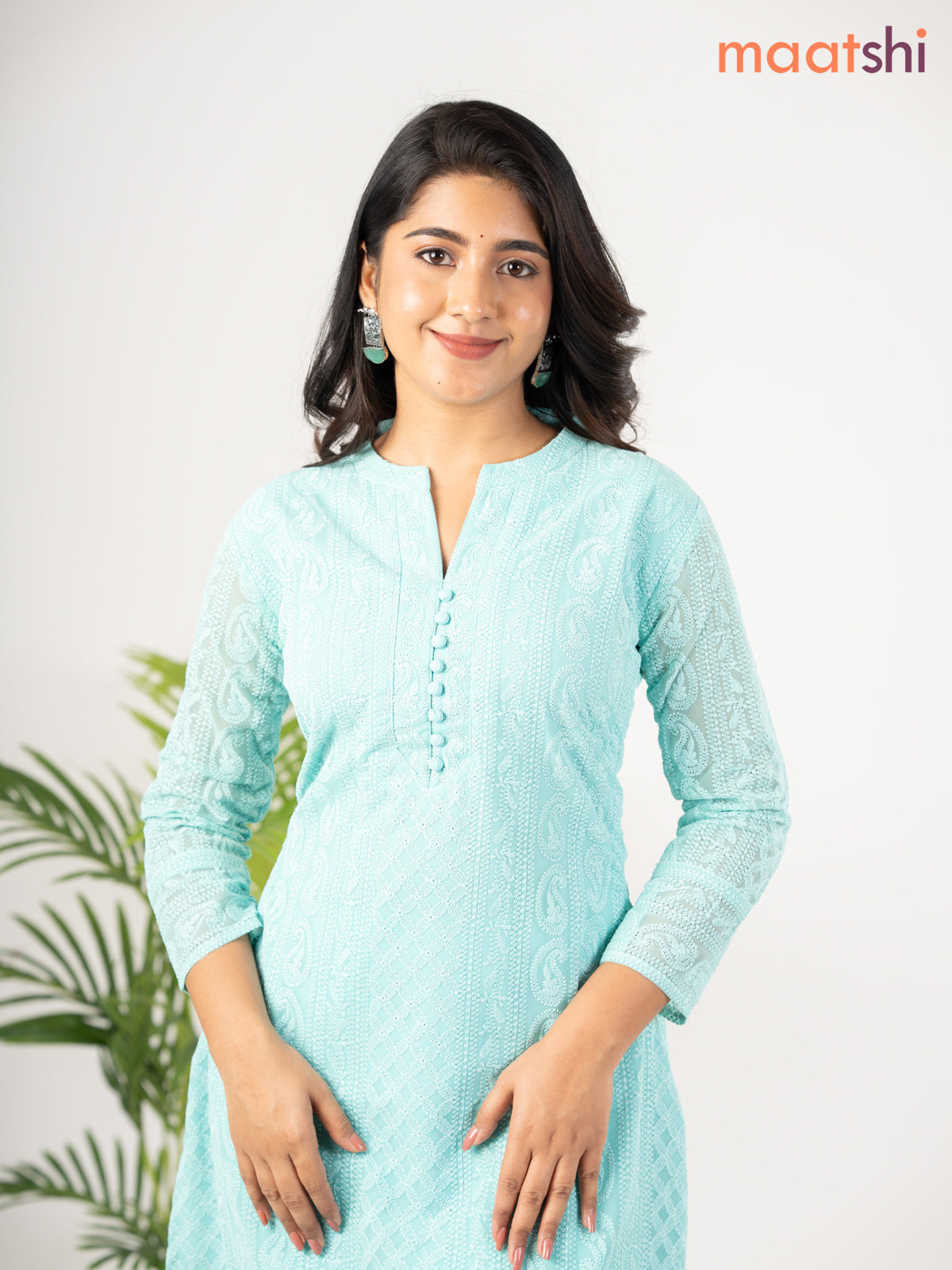 Semi georgette kurti teal green shade with allover chikankari work & simple neck pattern without pant