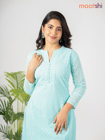 Semi georgette kurti teal green shade with allover chikankari work & simple neck pattern without pant