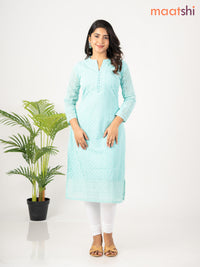 Semi georgette kurti teal green shade with allover chikankari work & simple neck pattern without pant