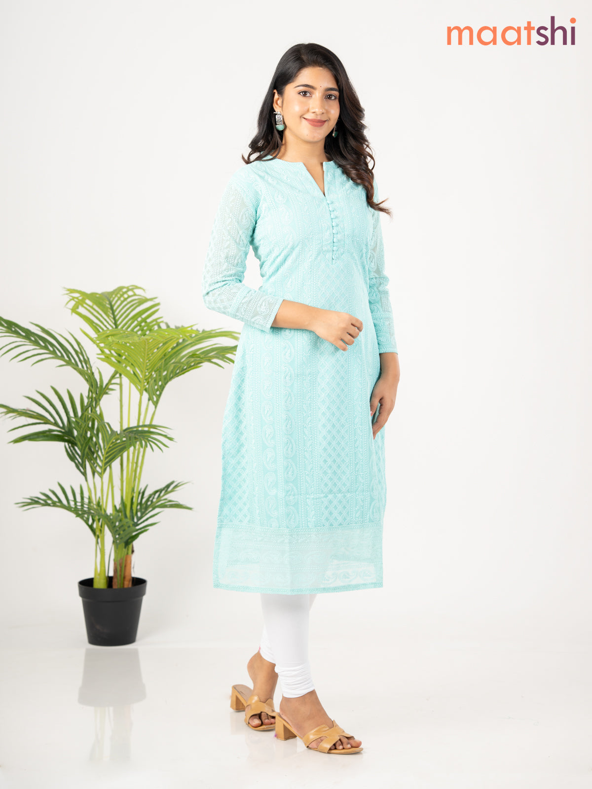 Semi georgette kurti teal green shade with allover chikankari work & simple neck pattern without pant