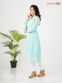 Semi georgette kurti teal green shade with allover chikankari work & simple neck pattern without pant