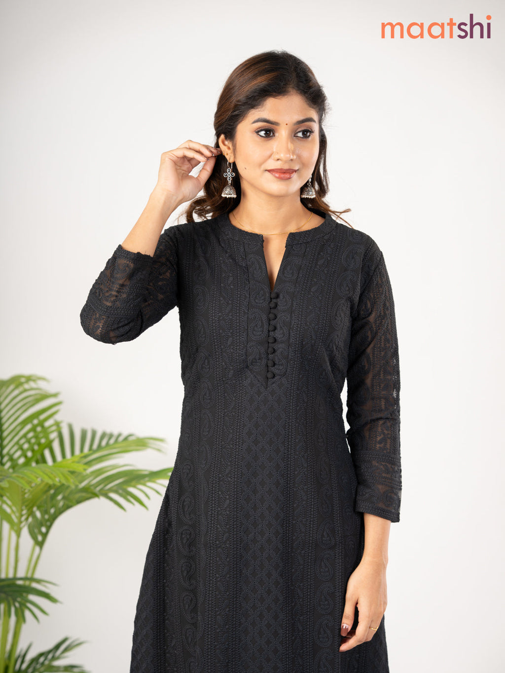 Semi georgette kurti black with allover chikankari work & simple neck pattern without pant
