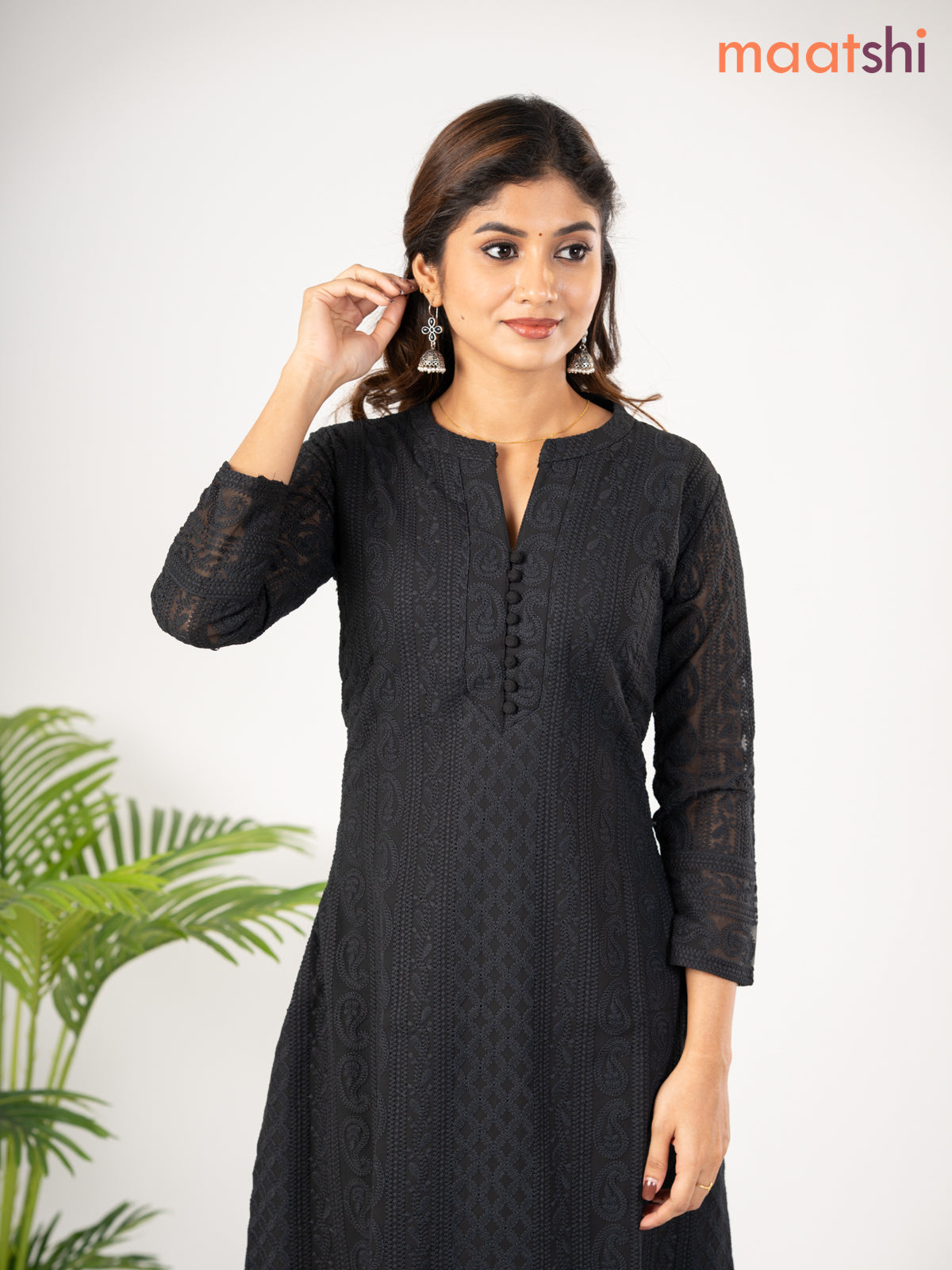 Semi georgette kurti black with allover chikankari work & simple neck pattern without pant