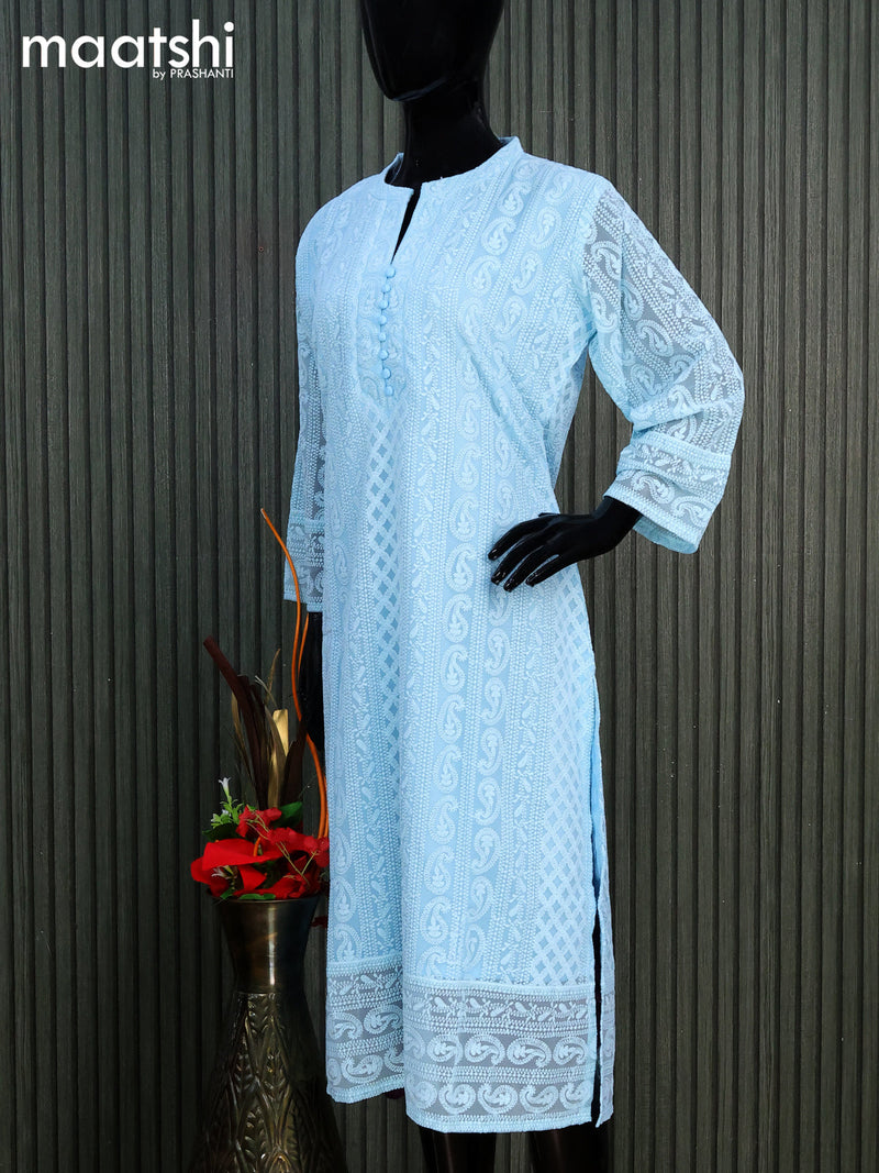 Semi georgette readymade kurti light blue with allover chikankari work & simple neck pattern without pant