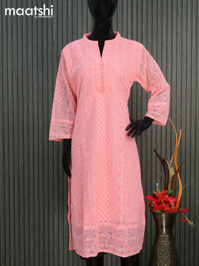 Semi georgette readymade kurti peach pink with allover chikankari work & simple neck pattern without pant