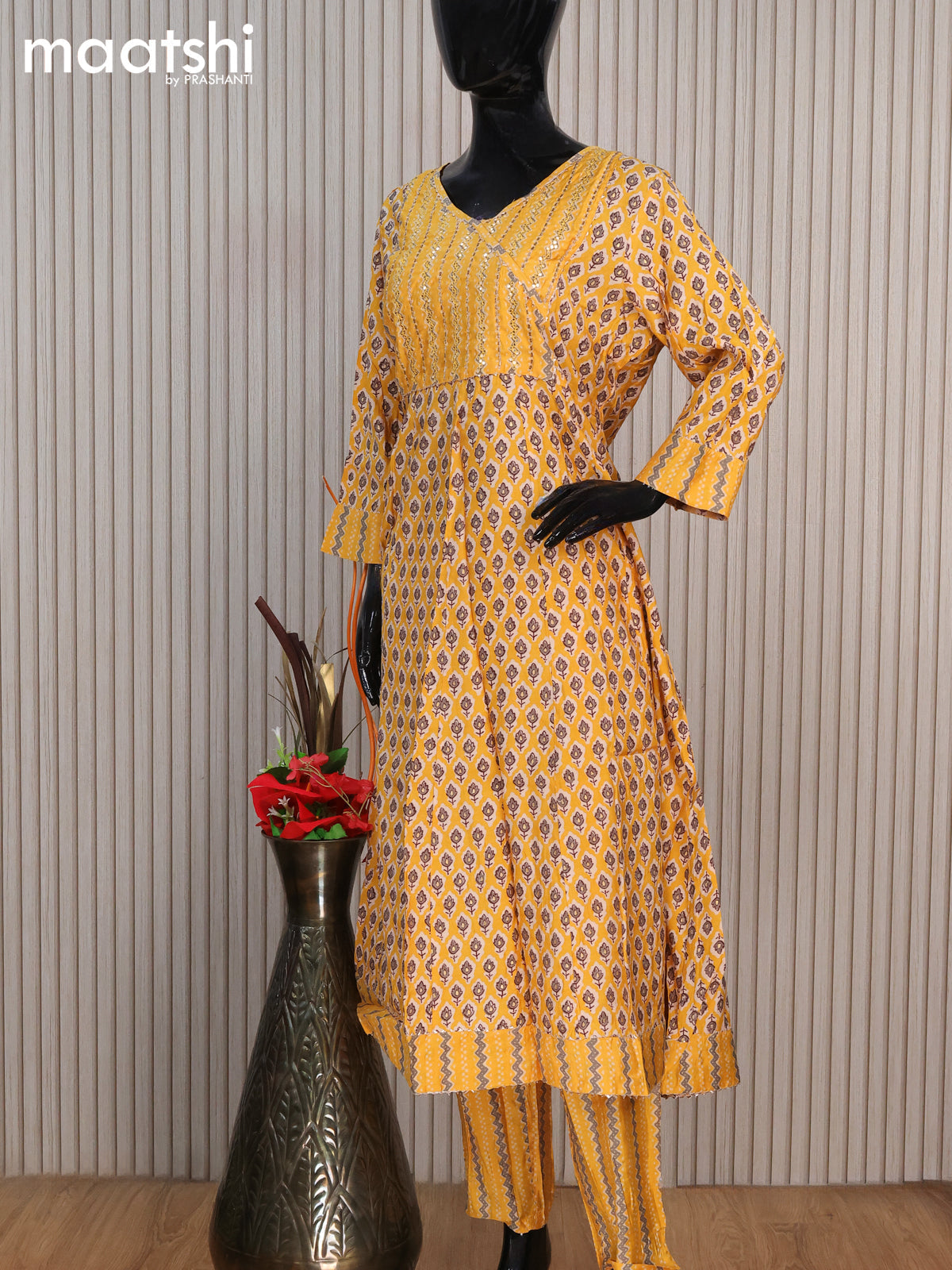 Modal readymade anarkali salwar suit yellow with allover prints & gotapatti lace mirror work neck pattern and straight cut pant & sequin work dupatta