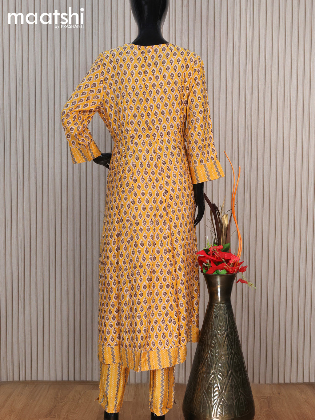 Modal readymade anarkali salwar suit yellow with allover prints & gotapatti lace mirror work neck pattern and straight cut pant & sequin work dupatta