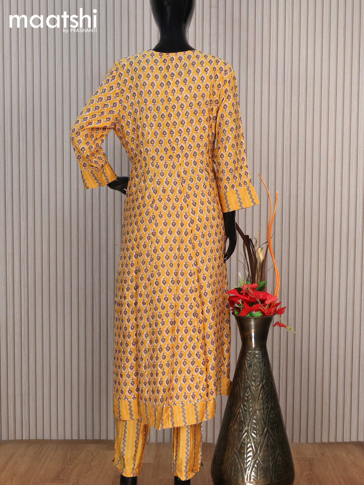 Modal readymade anarkali salwar suit yellow with allover prints & gotapatti lace mirror work neck pattern and straight cut pant & sequin work dupatta