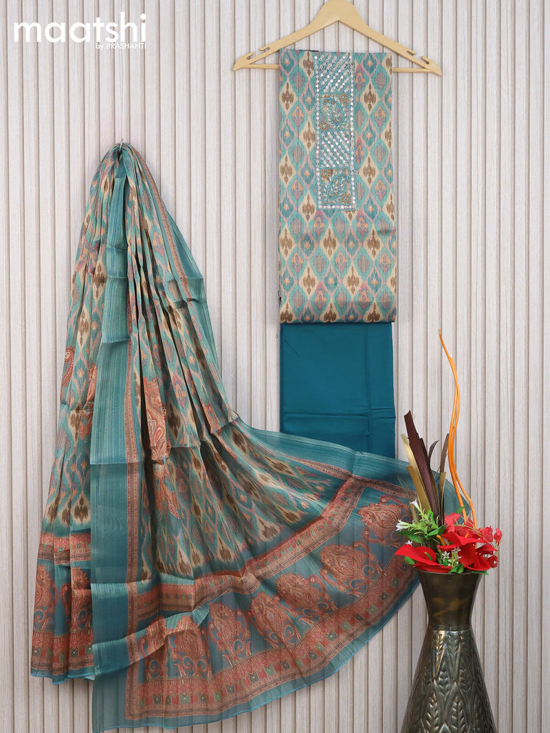 Tissue dress material beige teal blue and peacock blue with allover ikat prints & mirror work neck pattern and bottom & tissue dupatta