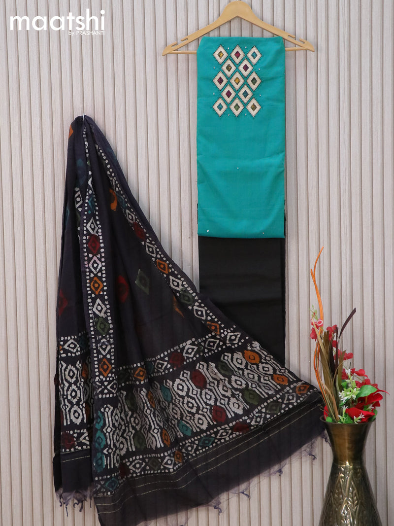 Cotton dress material dual shade of teal bluish green and black with patch work neck design and bottom & batik dupatta