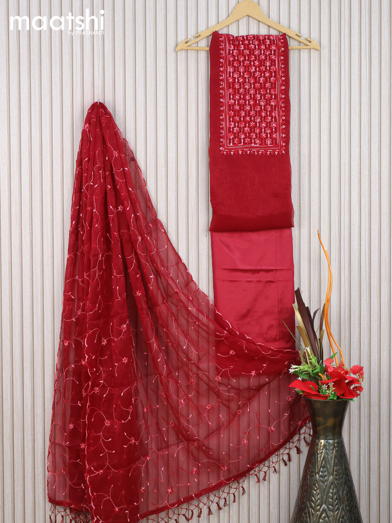 Chanderi dress material maroon with embroidery sequin work neck design and bottom & embroidery work dupatta