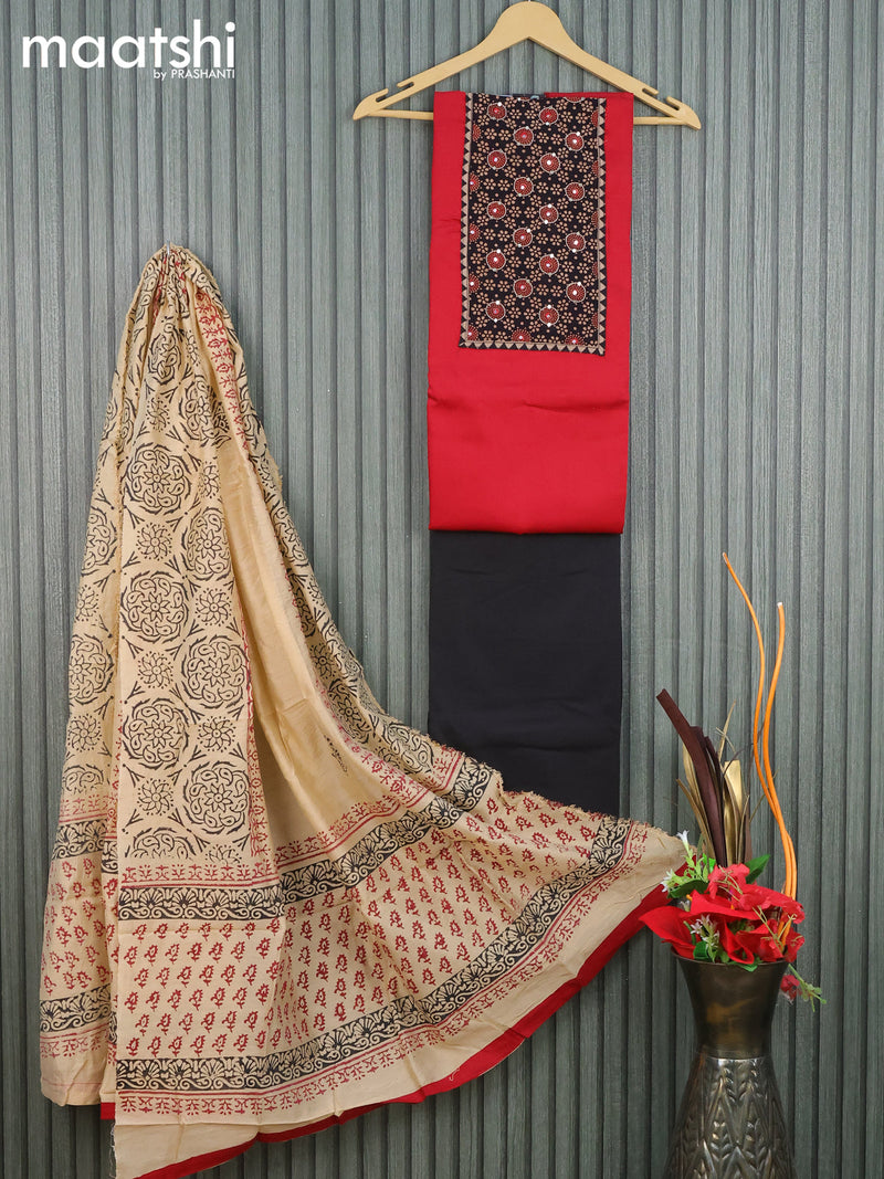 Cotton dress material red and black with mirror embroidery patch work neck pattern and bottom & printed dupatta