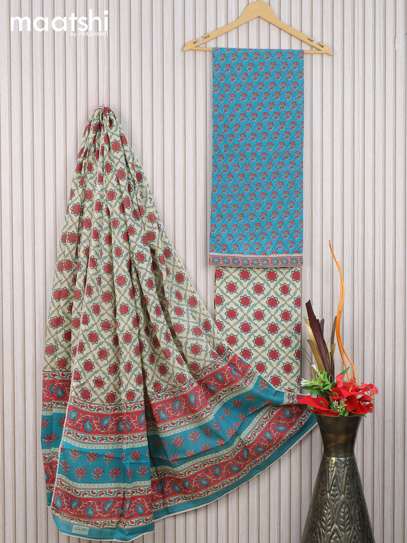 Cotton dress material teal blue and cream with allover prints & kantha stitch work and bottom & embroidery wok dupatta