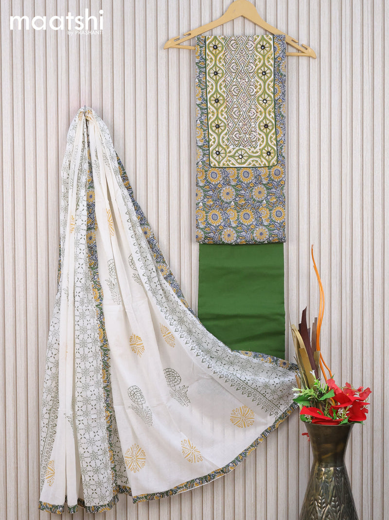 Cotton dress material green and off white with allover floral prints & mirror sequin work neck pattern and bottom & cotton dupatta