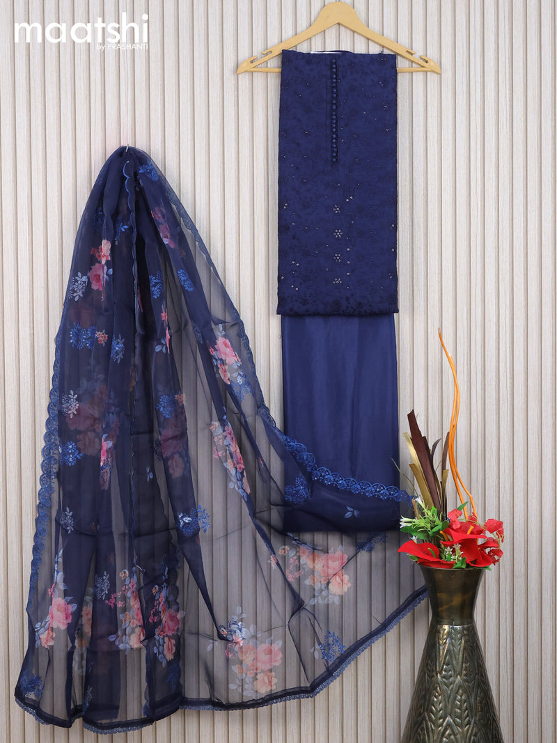 Chanderi dress material navy blue with allover embroidery sequin work & simple neck pattern and bottom & organza dupatta
