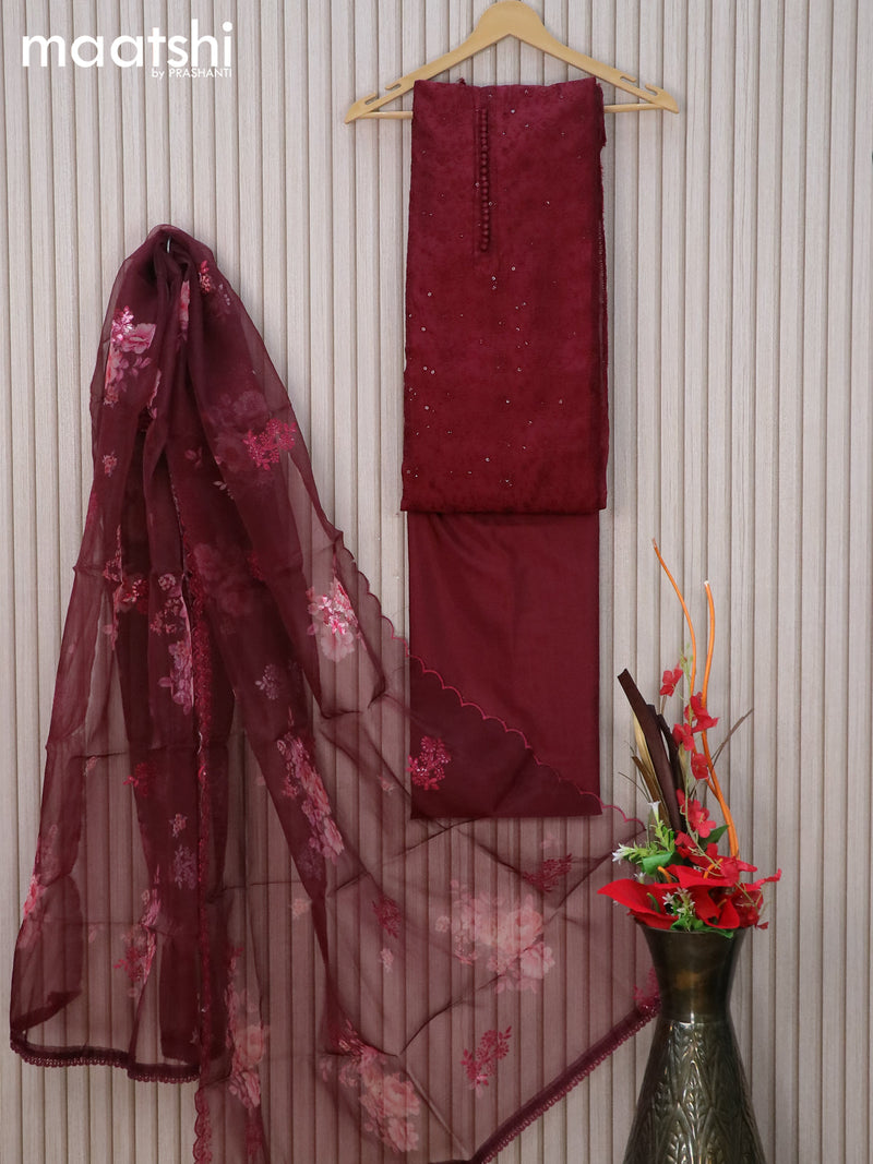 Chanderi dress material maroon with allover embroidery sequin work & simple neck pattern and bottom & organza dupatta