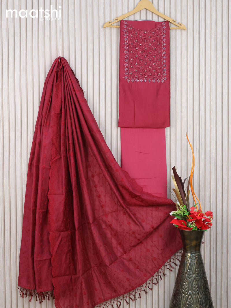 Chanderi dress material maroon with beaded work neck design and bottom & embroidery work dupatta