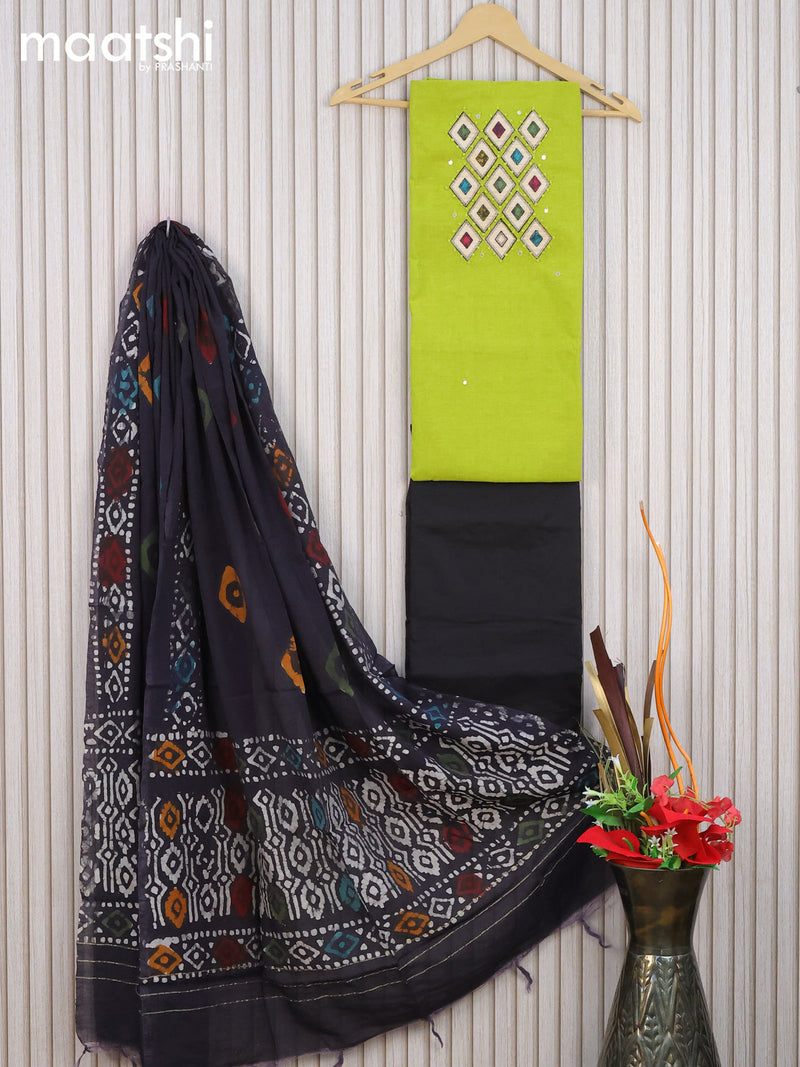 Cotton dress material lime green and black with french knot patch & mirror work and bottom & batik prints dupatta