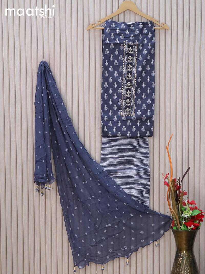 Cotton dress material grey with allover butta prints & floral zardosi work neck pattern and bottom & cotton dupatta
