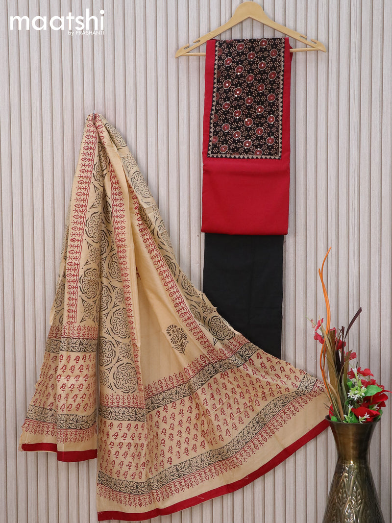 Cotton dress material kum kum red and black with mirror & embroidery patch work neck pattern and bottom & dupatta
