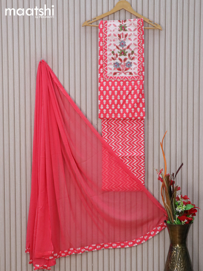 Cotton dress material peach pink with allover butta prints & floral zardosi work neck pattern and bottom & chiffon dupatta