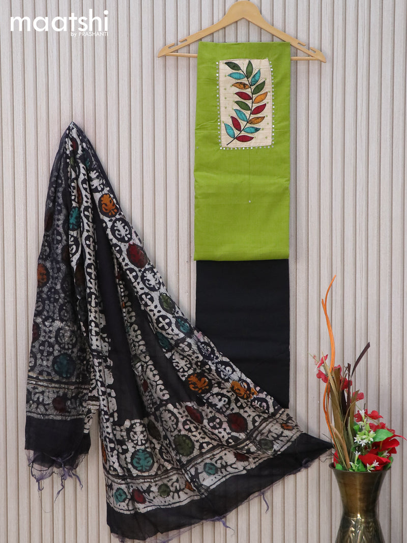 Cotton dress material light green and black with mirror & embroidery patch work neck pattern and bottom & batik prints dupatta