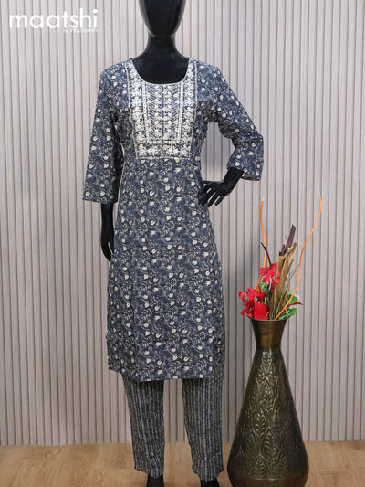 Cotton readymade salwar suit grey with allover prints & embroidery work neck pattern and straight cut pant & cotton dupatta
