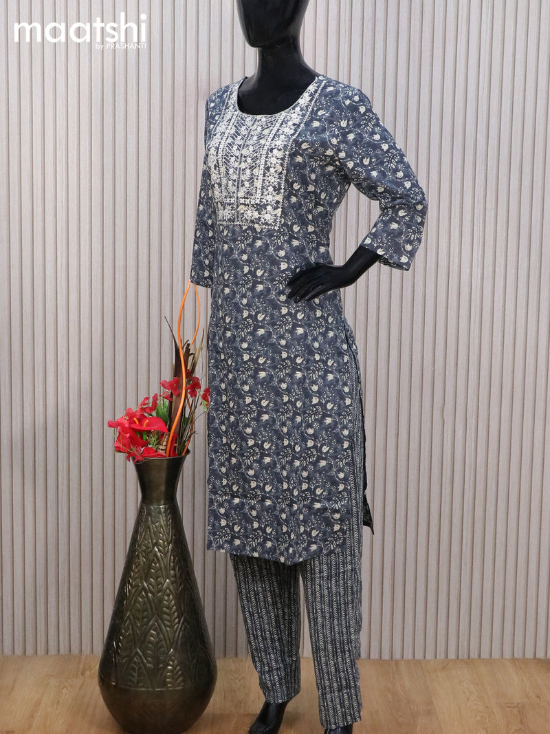 Cotton readymade salwar suit grey with allover prints & embroidery work neck pattern and straight cut pant & cotton dupatta
