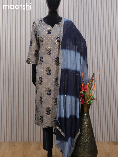 Rayon readymade salwar suit chikku shade and navy blue with floral butta prints & mirror embroidery work and straight cut pant & chiffon sequin work dupatta