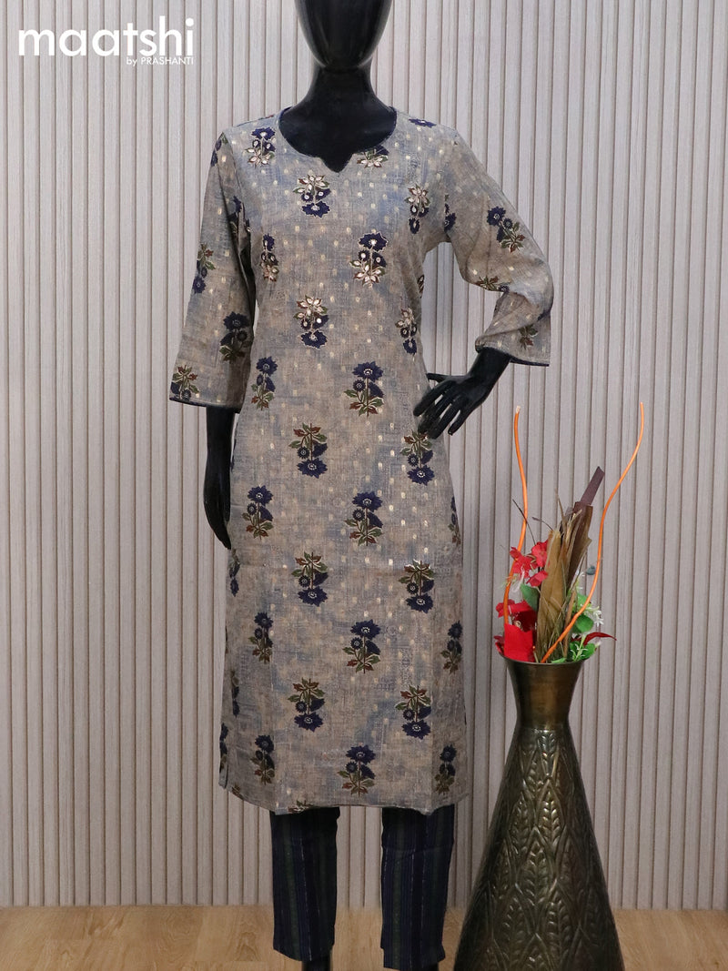 Rayon readymade salwar suit chikku shade and navy blue with floral butta prints & mirror embroidery work and straight cut pant & chiffon sequin work dupatta