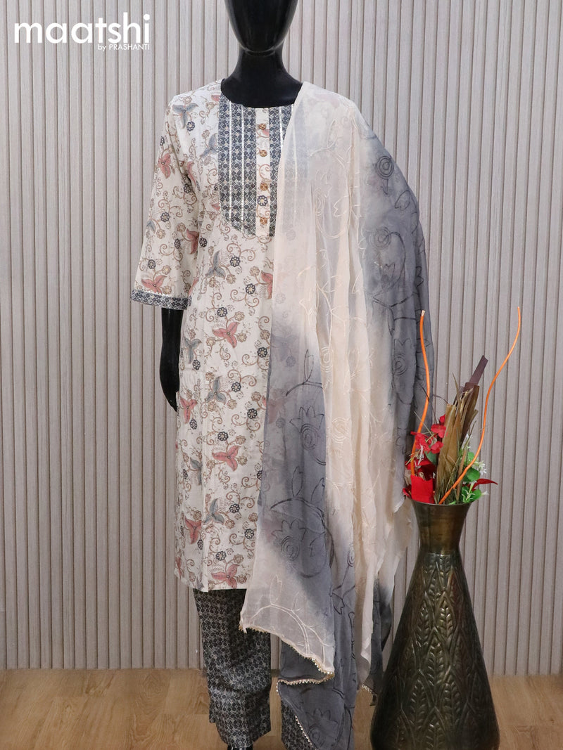 Rayon readymade salwar suit cream and dark grey with allover prints & gotapatti lace work neck pattern and straight cut pant & chiffon embroidery work dupatta