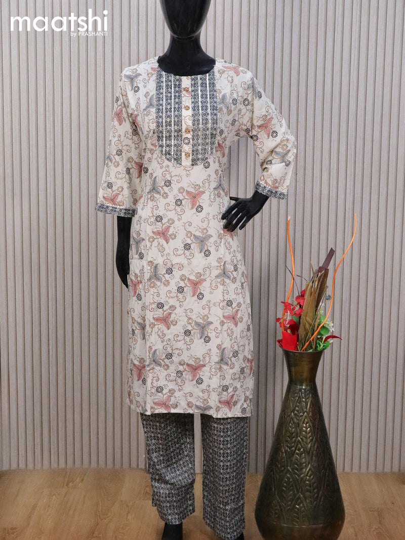 Rayon readymade salwar suit cream and dark grey with allover prints & gotapatti lace work neck pattern and straight cut pant & chiffon embroidery work dupatta