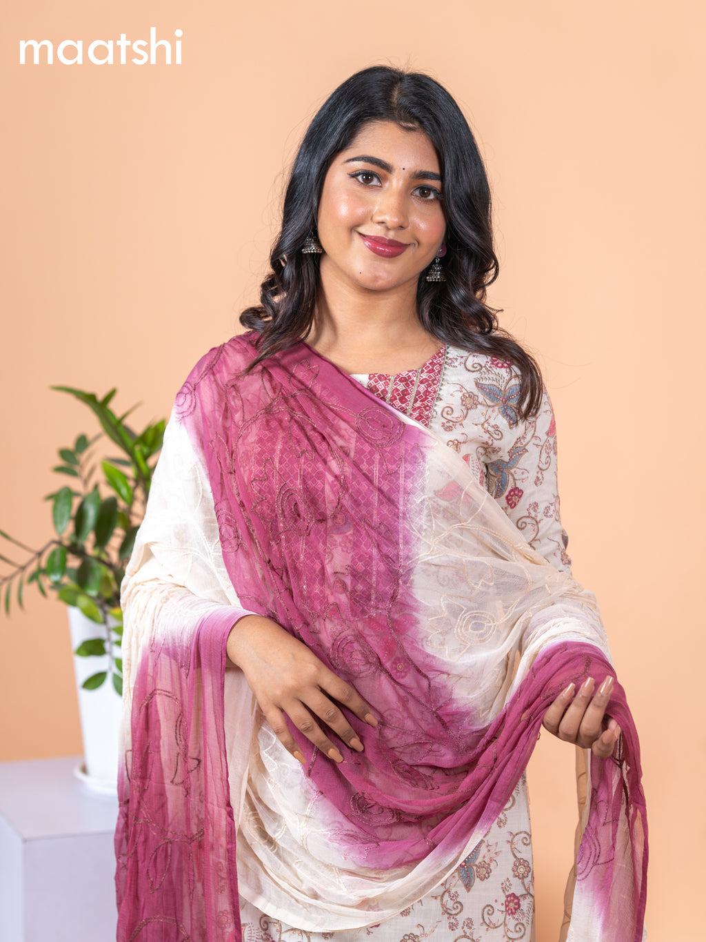 Rayon salwar suit cream and maroon with allover prints & gotapatti lace work neck pattern and bottom & chiffon embroidery work dupatta