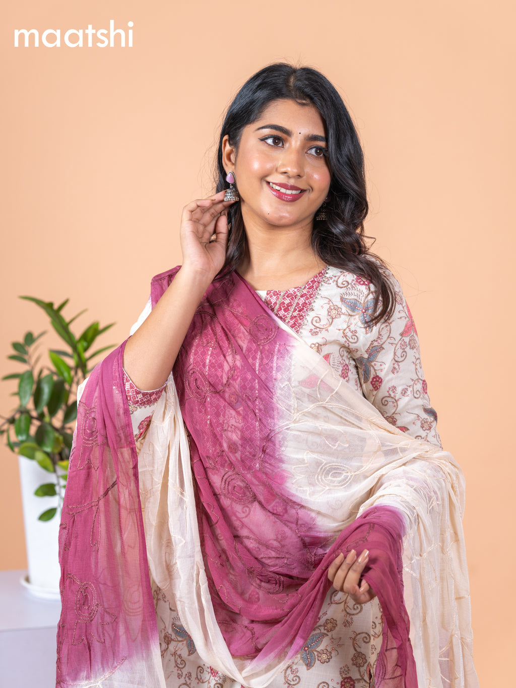 Rayon salwar suit cream and maroon with allover prints & gotapatti lace work neck pattern and bottom & chiffon embroidery work dupatta